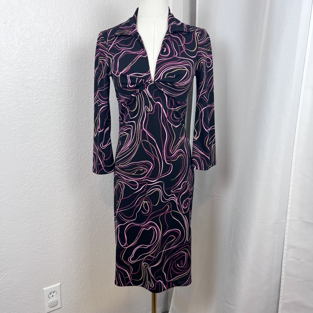Vintage Y2K‎ Abstract Babydoll Dress Womens Small Black Pink Retro Mod Groovy